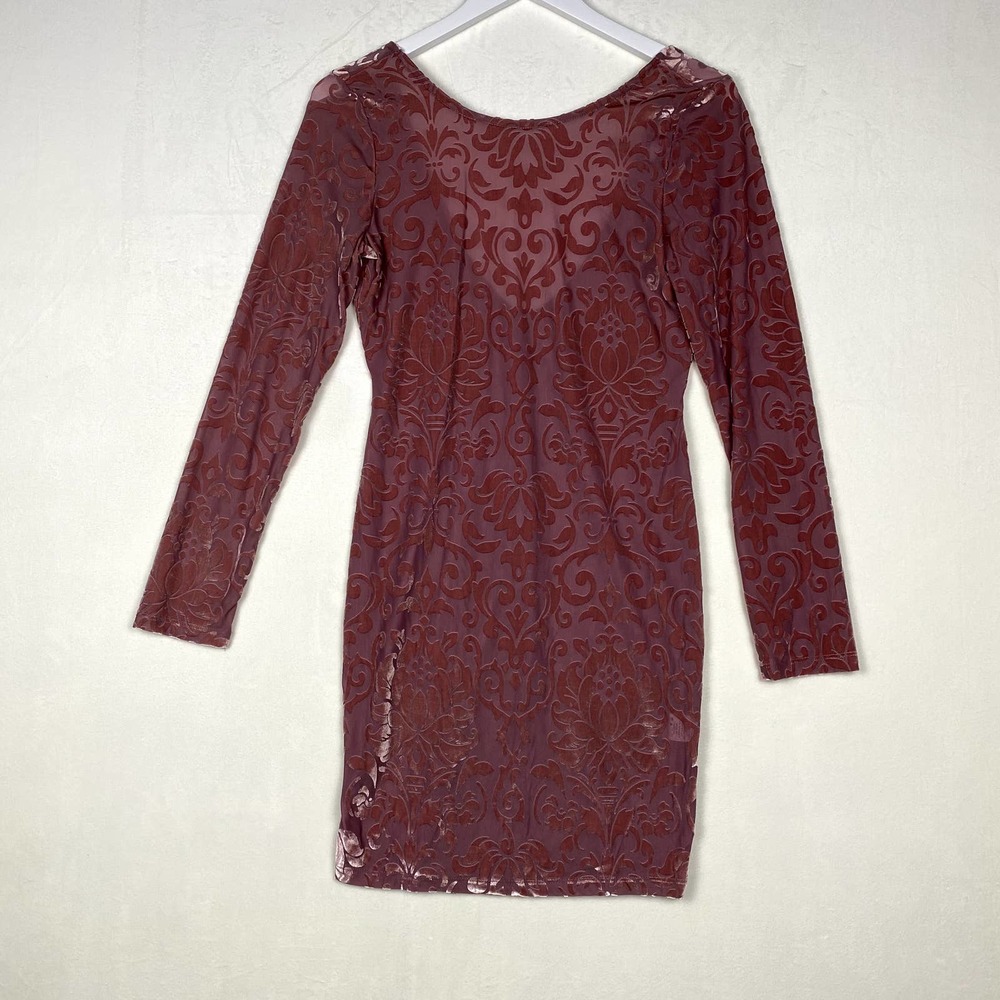 IRIS Women's Size XL Pink Velvet Bodycon Sheer Low Back Long Sleeve Mini Dress
